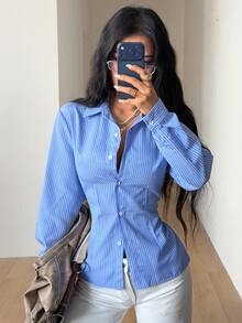 StreetHx Women's Street Style Elegant Sexy Backless Blue And White Striped Fitted Shirt Club Office Night Out Night Out Autumn - Blue - View 4