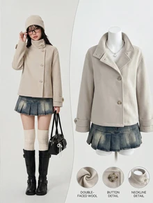 Elamini Jaket Pendek Longgar Lengan Panjang Kerah Tinggi Kancing Depan Campuran Wol Abu-abu Musim Gugur/Dingin untuk Wanita. Gaya Preppy untuk Perjalanan, Kantor, Tempat Kerja, dan Jalan-jalan. - Aprikot - View 3