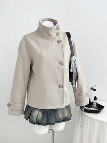 Elamini Jaket Pendek Longgar Lengan Panjang Kerah Tinggi Kancing Depan Campuran Wol Abu-abu Musim Gugur/Dingin untuk Wanita. Gaya Preppy untuk Perjalanan, Kantor, Tempat Kerja, dan Jalan-jalan. - Aprikot - View 1
