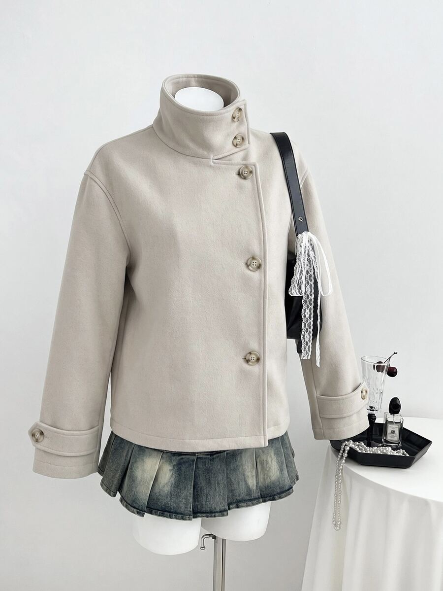 Elamini Jaket Pendek Longgar Lengan Panjang Kerah Tinggi Kancing Depan Campuran Wol Abu-abu Musim Gugur/Dingin untuk Wanita. Gaya Preppy untuk Perjalanan, Kantor, Tempat Kerja, dan Jalan-jalan. - Aprikot - View 1