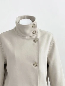 Elamini Jaket Pendek Longgar Lengan Panjang Kerah Tinggi Kancing Depan Campuran Wol Abu-abu Musim Gugur/Dingin untuk Wanita. Gaya Preppy untuk Perjalanan, Kantor, Tempat Kerja, dan Jalan-jalan. - Aprikot - View 5