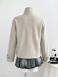 Elamini Jaket Pendek Longgar Lengan Panjang Kerah Tinggi Kancing Depan Campuran Wol Abu-abu Musim Gugur/Dingin untuk Wanita. Gaya Preppy untuk Perjalanan, Kantor, Tempat Kerja, dan Jalan-jalan. - Aprikot - View 2
