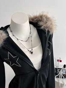 Elamini 女款星星水鑽連帽毛領長袖拉鍊運動衫 - 黑色 - 查看 5