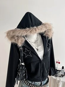 Elamini 女款星星水鑽連帽毛領長袖拉鍊運動衫 - 黑色 - 查看 6