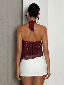 Glamine Burgundy Sequin Multi-Layer Ruffle Halter Crop Top,Women Sparkly Sleeveless Tank For Beach Vacation,Music Festival,Dating,Birthday Party,Gathering - Burgundy - View 2
