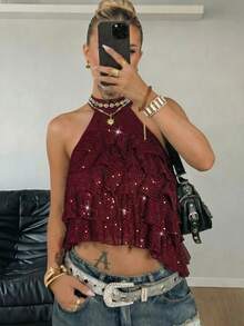Glamine Burgundy Sequin Multi-Layer Ruffle Halter Crop Top,Women Sparkly Sleeveless Tank For Beach Vacation,Music Festival,Dating,Birthday Party,Gathering - Burgundy - View 3