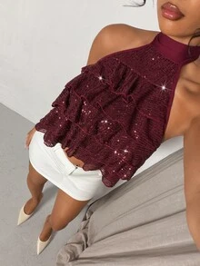 Glamine Burgundy Sequin Multi-Layer Ruffle Halter Crop Top,Women Sparkly Sleeveless Tank For Beach Vacation,Music Festival,Dating,Birthday Party,Gathering - Burgundy - View 4