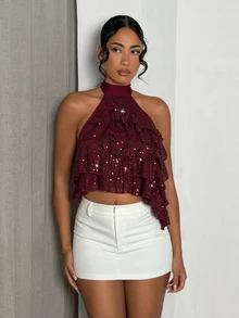 Glamine Burgundy Sequin Multi-Layer Ruffle Halter Crop Top,Women Sparkly Sleeveless Tank For Beach Vacation,Music Festival,Dating,Birthday Party,Gathering - Burgundy - View 5