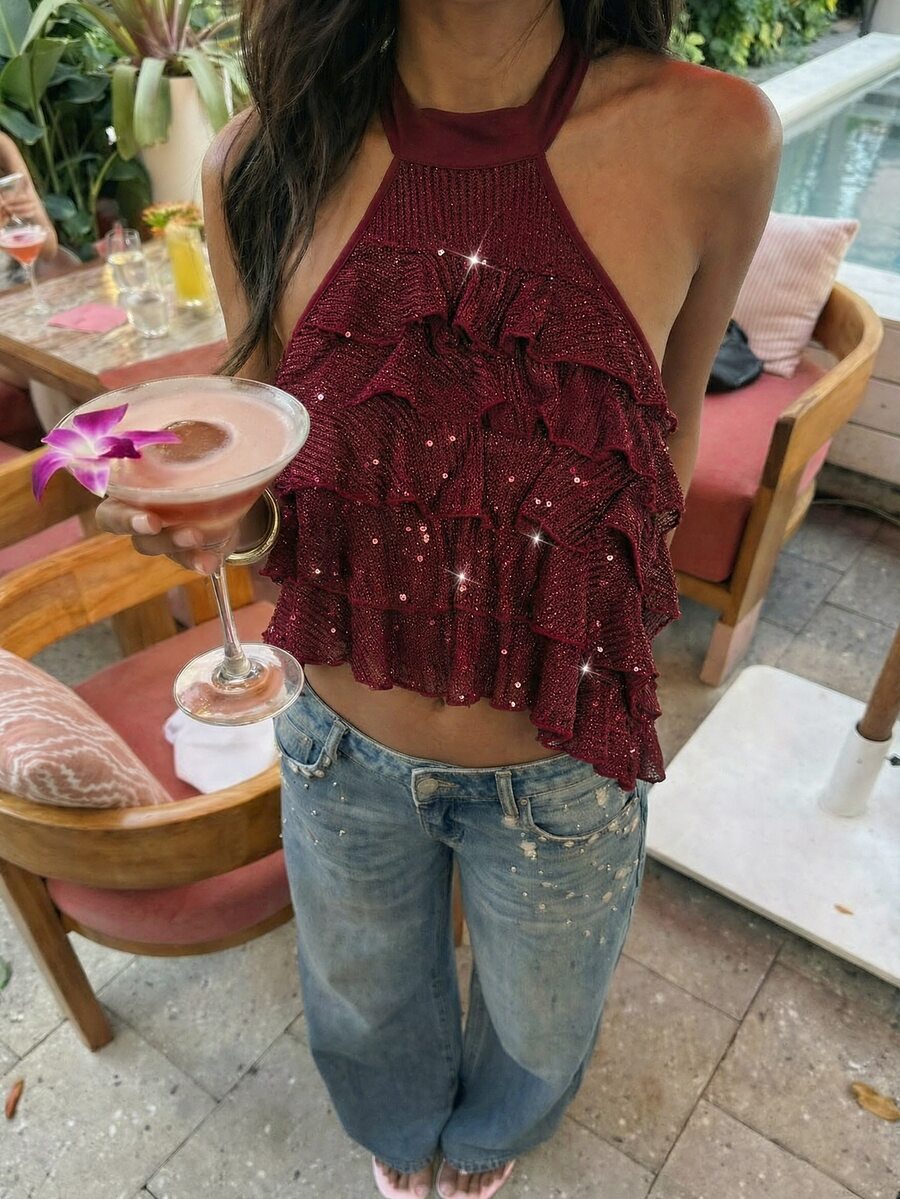 Glamine Burgundy Sequin Multi-Layer Ruffle Halter Crop Top,Women Sparkly Sleeveless Tank For Beach Vacation,Music Festival,Dating,Birthday Party,Gathering - Burgundy - View 1