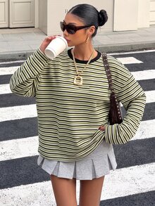 SHEIN EZwear تي شيرت فضفاض بأكتاف منسدلة وخطوط كاجوال للخريف مقاس كبير - متعدد الألوان - مشاهدة 3
