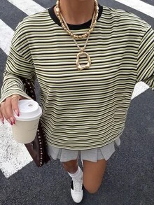 SHEIN EZwear تي شيرت فضفاض بأكتاف منسدلة وخطوط كاجوال للخريف مقاس كبير - متعدد الألوان - مشاهدة 1