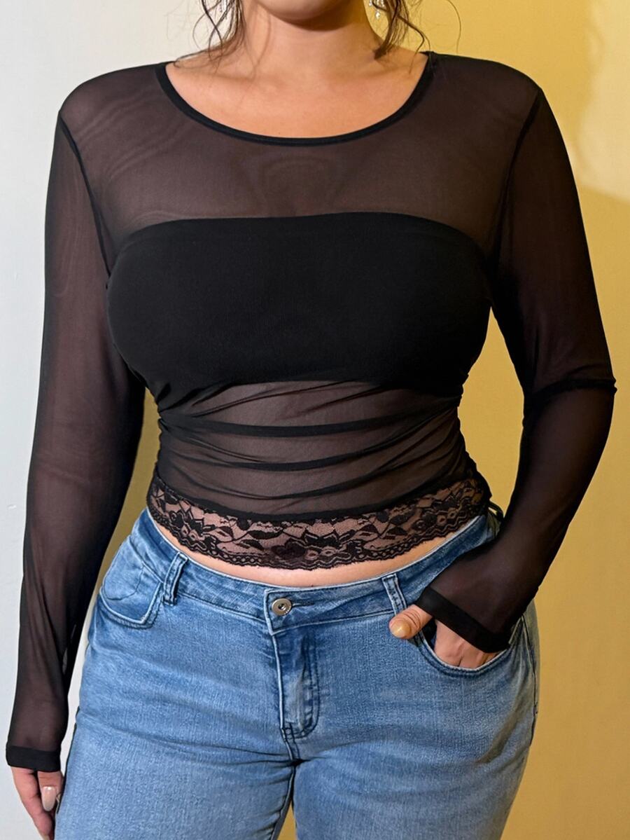 GalTyme Women's Plus Size Sexy Mesh Contrast Lace Semi-Sheer T-Shirt Autumn Halloween Going Out Club Black - Black - View 1