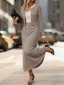 Editum Women's Button Lace Patchwork Knit Cardigan And Skirt 2 Pieces Set Autumn/Winter Halloween Christmas Office Brunch Khaki Casual - Khaki - View 7
