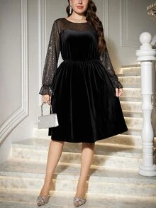 SHEIN Clasi Plus Size Velvet Glitter Party Banquet Dress - Black - View 5