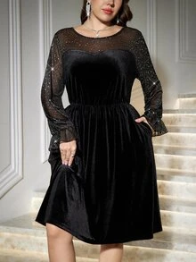SHEIN Clasi Plus Size Velvet Glitter Party Banquet Dress - Black - View 6
