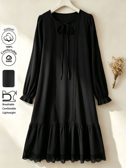 Rusticease Cotton Elegant Women's Solid Color Lace Casual Daily Autumn Travel Dress Brunch Tea Party Black 2026 Fall Winter Dress Workwear For Women Office
