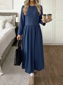 Easowa Women's Fall/Winter Dress Casual Modest Solid Color Long Dress Brunch Navy Blue - Navy Blue - View 2