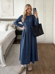 Easowa Women's Fall/Winter Dress Casual Modest Solid Color Long Dress Brunch Navy Blue - Navy Blue - View 4