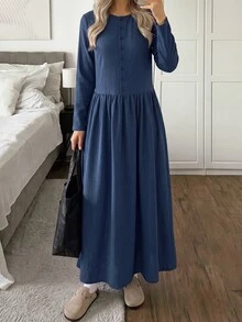 Easowa Women's Fall/Winter Dress Casual Modest Solid Color Long Dress Brunch Navy Blue - Navy Blue - View 1