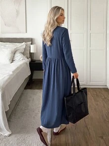 Easowa Women's Fall/Winter Dress Casual Modest Solid Color Long Dress Brunch Navy Blue - Navy Blue - View 5