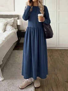 Easowa Women's Fall/Winter Dress Casual Modest Solid Color Long Dress Brunch Navy Blue - Navy Blue - View 3