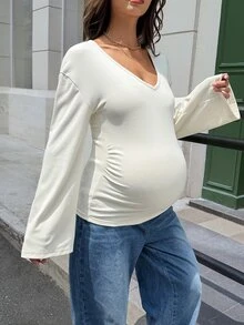 Lyckli Maternity Solid Color V-Neck Long Sleeve Casual Versatile T-Shirt - Yellow - View 4