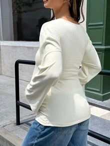 Lyckli Maternity Solid Color V-Neck Long Sleeve Casual Versatile T-Shirt - Yellow - View 5