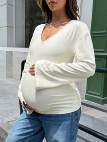 Lyckli Maternity Solid Color V-Neck Long Sleeve Casual Versatile T-Shirt - Yellow - View 7
