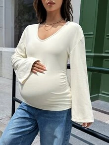 Lyckli Maternity Solid Color V-Neck Long Sleeve Casual Versatile T-Shirt - Yellow - View 6