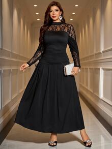 SHEIN Clasi Plus Size French Lace Pleated Dress For Evening Party Dinner Formal Cocktail Wedding Halloween Black Autumn Sexy Elegant - Black - View 7