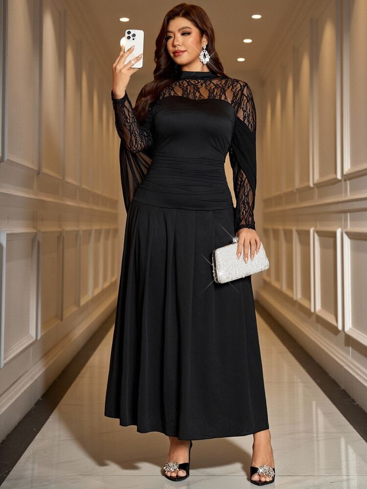 SHEIN Clasi Plus Size French Lace Pleated Dress For Evening Party Dinner Formal Cocktail Wedding Halloween Black Autumn Sexy Elegant - Black - View 4