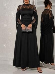 SHEIN Clasi Plus Size French Lace Pleated Dress For Evening Party Dinner Formal Cocktail Wedding Halloween Black Autumn Sexy Elegant - Black - View 2