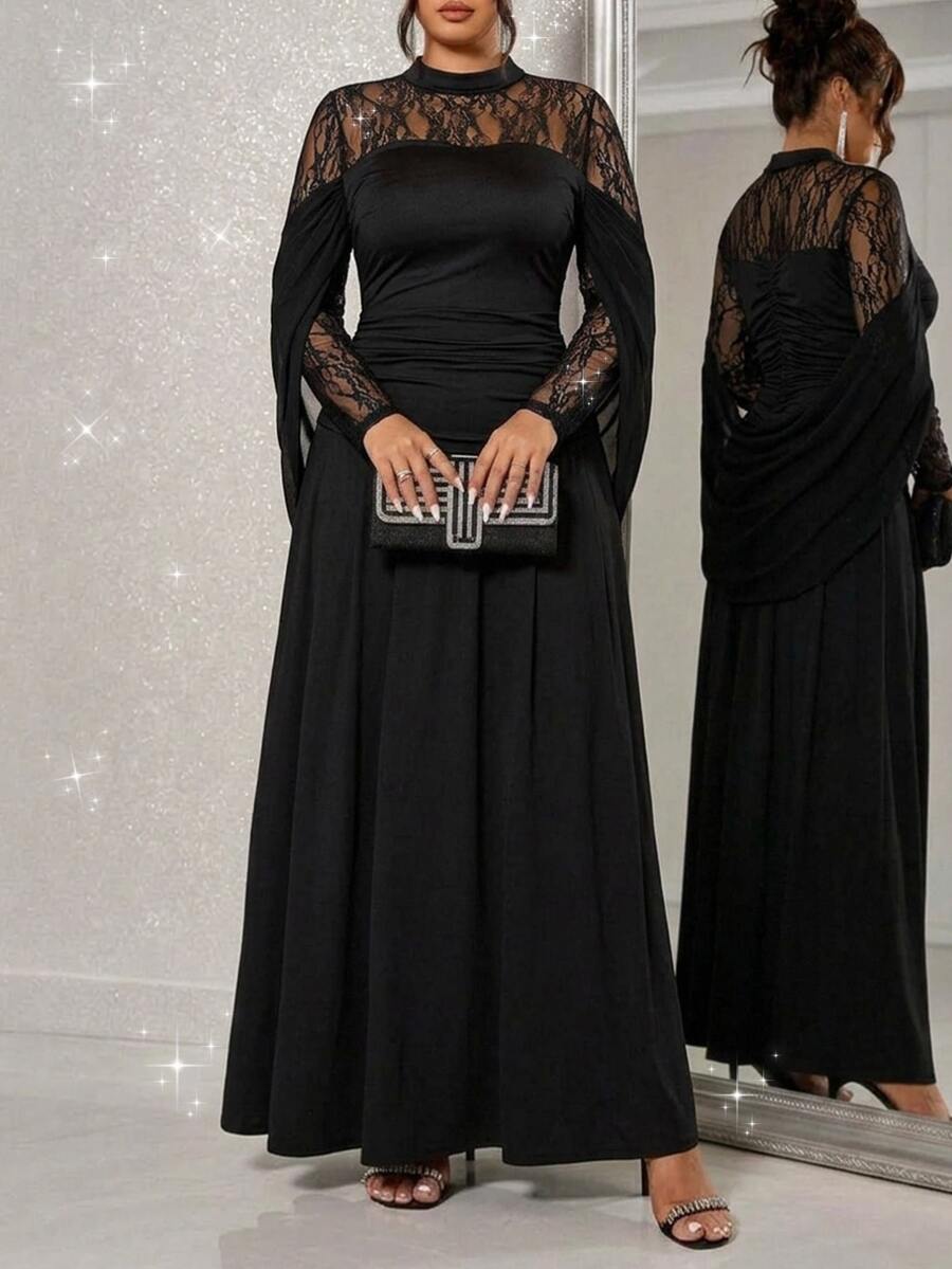 SHEIN Clasi Plus Size French Lace Pleated Dress For Evening Party Dinner Formal Cocktail Wedding Halloween Black Autumn Sexy Elegant