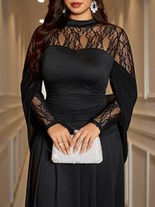 SHEIN Clasi Plus Size French Lace Pleated Dress For Evening Party Dinner Formal Cocktail Wedding Halloween Black Autumn Sexy Elegant - Black - View 4