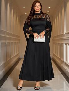 SHEIN Clasi Plus Size French Lace Pleated Dress For Evening Party Dinner Formal Cocktail Wedding Halloween Black Autumn Sexy Elegant - Black - View 6