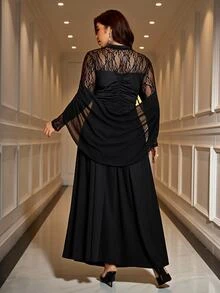 SHEIN Clasi Plus Size French Lace Pleated Dress For Evening Party Dinner Formal Cocktail Wedding Halloween Black Autumn Sexy Elegant - Black - View 3