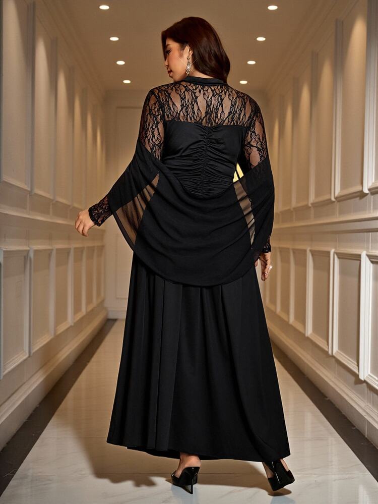 SHEIN Clasi Plus Size French Lace Pleated Dress For Evening Party Dinner Formal Cocktail Wedding Halloween Black Autumn Sexy Elegant - Black - View 2