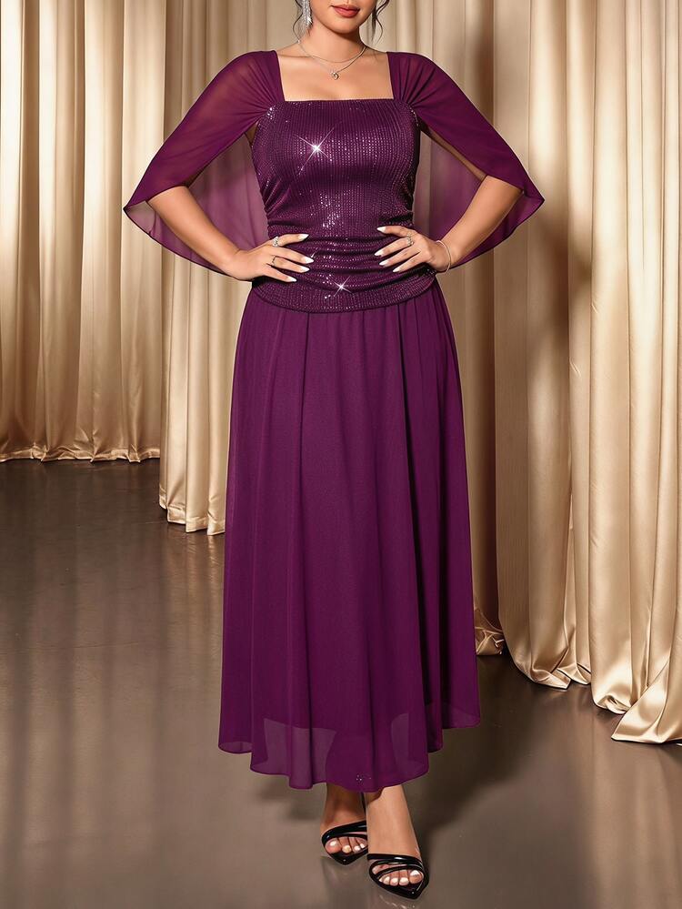 SHEIN Clasi Plus Size Women's Lace Pleated Elegant Waist-Cinched Party Dress - Purple - View 1