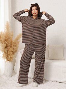 Easowa Curve Casual Minimalist Zip-Up Striped Hoodie & Long Sleeve 2 Pieces Set - Multicolor - View 5