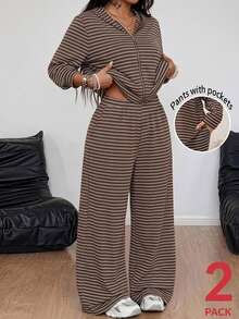 Easowa Curve Casual Minimalist Zip-Up Striped Hoodie & Long Sleeve 2 Pieces Set - Multicolor - View 1