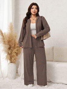 Easowa Curve Casual Minimalist Zip-Up Striped Hoodie & Long Sleeve 2 Pieces Set - Multicolor - View 4