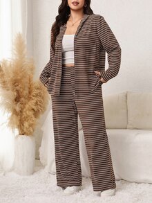 Easowa Curve Casual Minimalist Zip-Up Striped Hoodie & Long Sleeve 2 Pieces Set - Multicolor - View 3