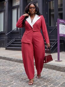 Slaydiva Conjunto de chaqueta de manga larga con botones y bajo asimétrico y pantalones a rayas para tallas grandes - Rojo y blanco - Ver 7