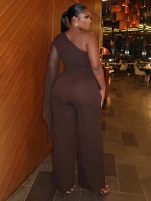Veslaya Plus Size Women's Lace Patchwork One Shoulder Casual Daily Jumpsuit - Brown - View 3