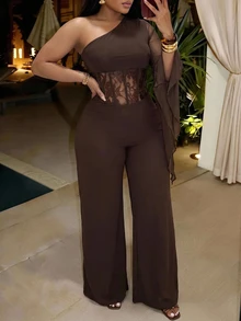 Veslaya Plus Size Women's Lace Patchwork One Shoulder Casual Daily Jumpsuit - Brown - View 9