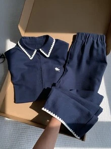 Comfortcana Women's Navy Blue & White Patchwork Woven Embroidered Casual Autumn/Winter Long Sleeve Pants Two Pieces Set - Navy Blue - View 6