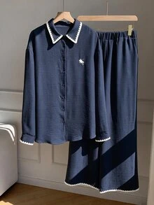 Comfortcana Women's Navy Blue & White Patchwork Woven Embroidered Casual Autumn/Winter Long Sleeve Pants Two Pieces Set - Navy Blue - View 7