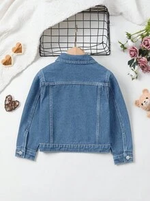 SHEIN 女童牛仔夾克，彩色愛心刺繡可愛休閒長袖單排扣牛仔上衣，經典深藍水洗牛仔色，女童百搭日常穿著，適合日常穿著、派對和拍照 - 中等水洗藍 - 查看 2
