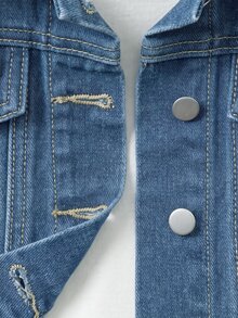 SHEIN 女童牛仔夾克，彩色愛心刺繡可愛休閒長袖單排扣牛仔上衣，經典深藍水洗牛仔色，女童百搭日常穿著，適合日常穿著、派對和拍照 - 中等水洗藍 - 查看 6