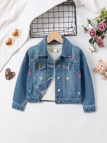 SHEIN 女童牛仔夾克，彩色愛心刺繡可愛休閒長袖單排扣牛仔上衣，經典深藍水洗牛仔色，女童百搭日常穿著，適合日常穿著、派對和拍照 - 中等水洗藍 - 查看 1